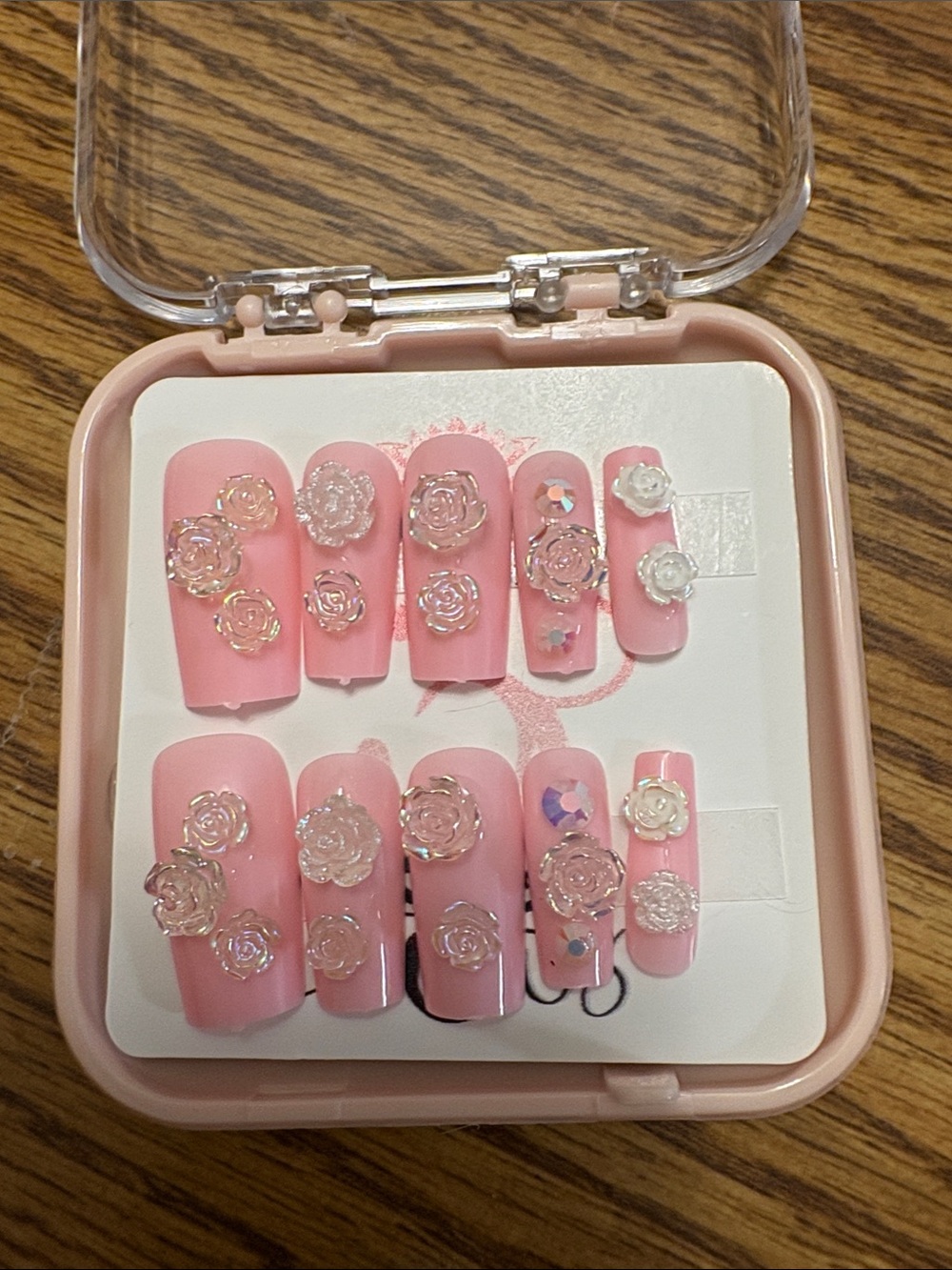 Reusable Pink Floral 3D Press-On Nails with Rose Embellishments